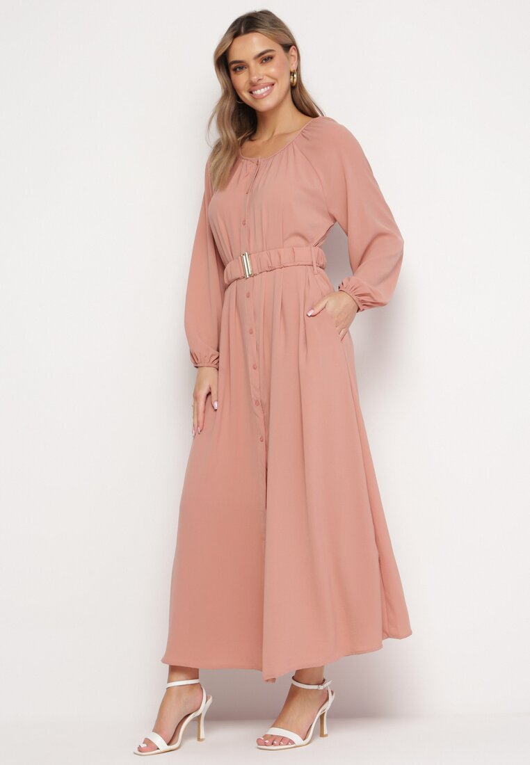 Rochie Roz închis Lejeră Maxi cu nasturi și curea cu cataramă decorativă Liriti