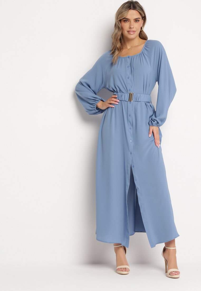 Rochie lejeră albastră maxi cu nasturi și curea cu cataramă decorativă Liriti