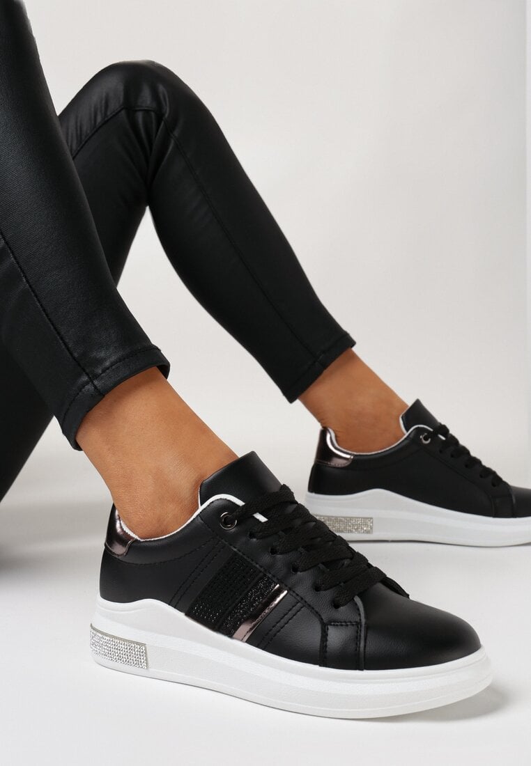 Adidași Negre Cu șireturi din piele ecologică Decorate cu zirconii Aloulie