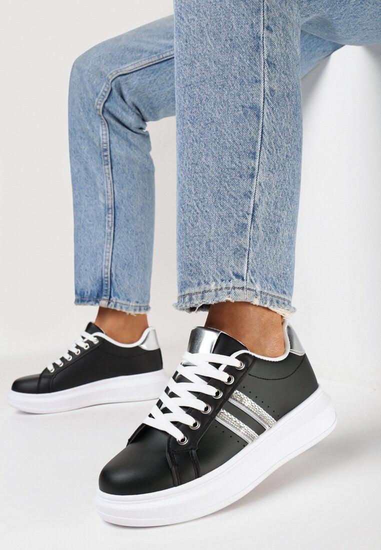 Adidași Negri cu Talpă Groasă cu Detalii Strălucitoare cu Zirconii Elysiena