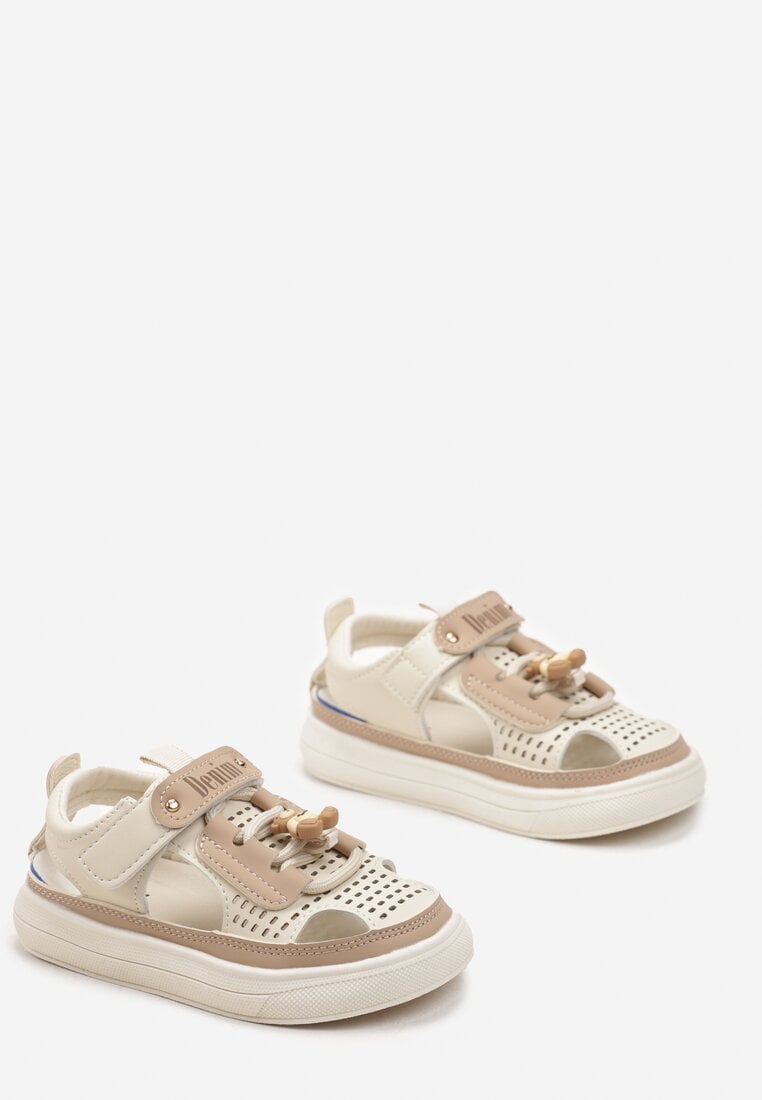 Sandale Bej și Roz cu Talpă Plată cu Velcro și Șireturi cu Ursuleț Delphina