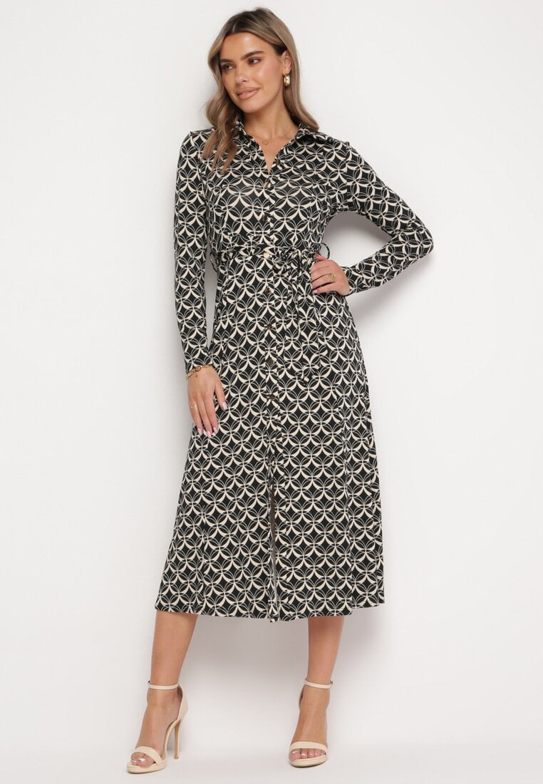 Rochie cămașă midi Negru-Albă cu model geometric și cordon Anelfi