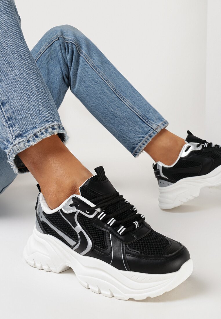 Sneakers Negri cu Inserții din Piele ecologică metalizată și Cusături Decorative Mirael