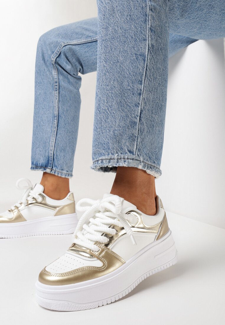 Adidași Alb-Auriu cu Talpă Groasă cu Inserții Metalice Atilem