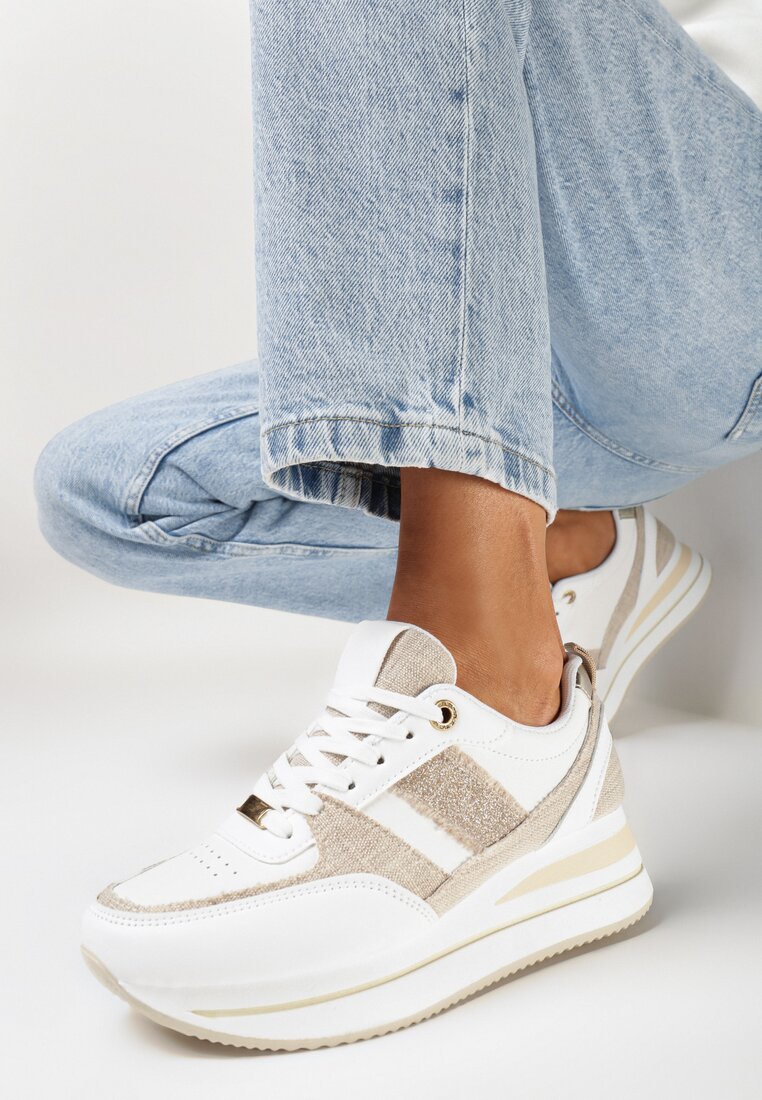 Sneakers Bej pe talpă groasă cu inserții din material și sclipici Omifa