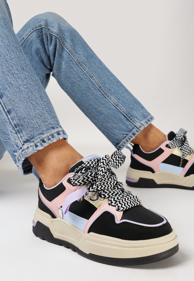 Adidași Negri cu Talpă Groasă din Piele Ecologică cu Șireturi Rositi