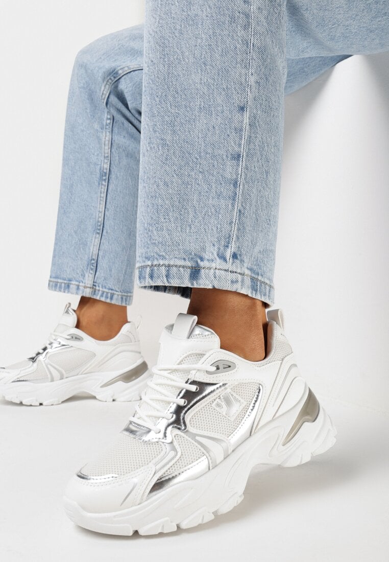 Adidași Alb-Argintiu cu Talpă Groasă cu Inserții Strălucitoare și Șireturi Vilenra