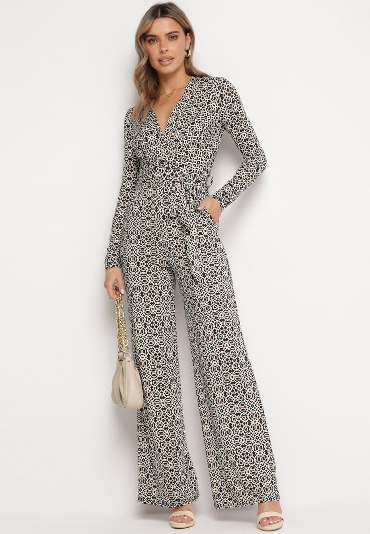 Salopetă cu model Alb-Negru cu mânecă lungă și pantaloni largi cu legătură în talie Vilati