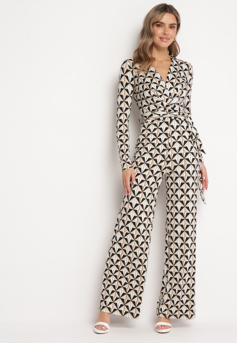 Salopetă Bej-Negru Cambrată cu Imprimeu Geometric și Cordon din Material Lirasea