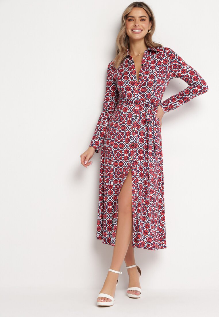 Rochie Cambrată Roșu-Albă Maxi cu Centură Textilă cu Imprimeu Geometric Filint