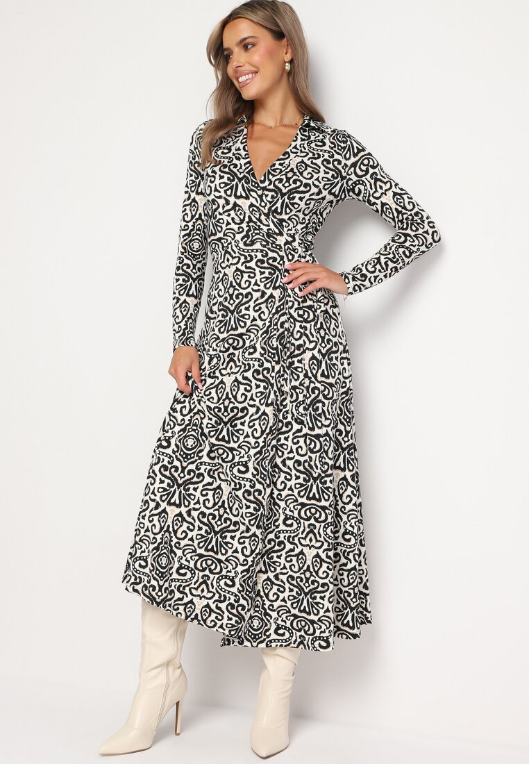 Rochie Maxi Alb-Negru Taliată Petrecută cu Cordon din Material Ailrin