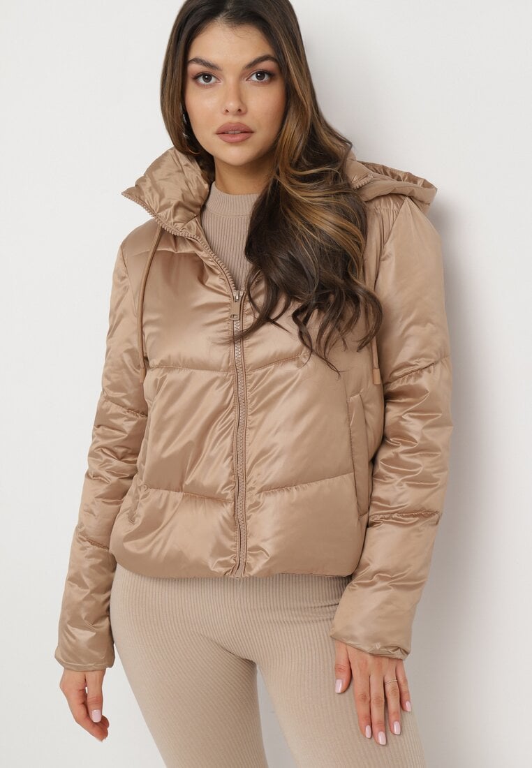 Geacă Bej Matlasată cu Glugă și cu șnur în Talie Atirim