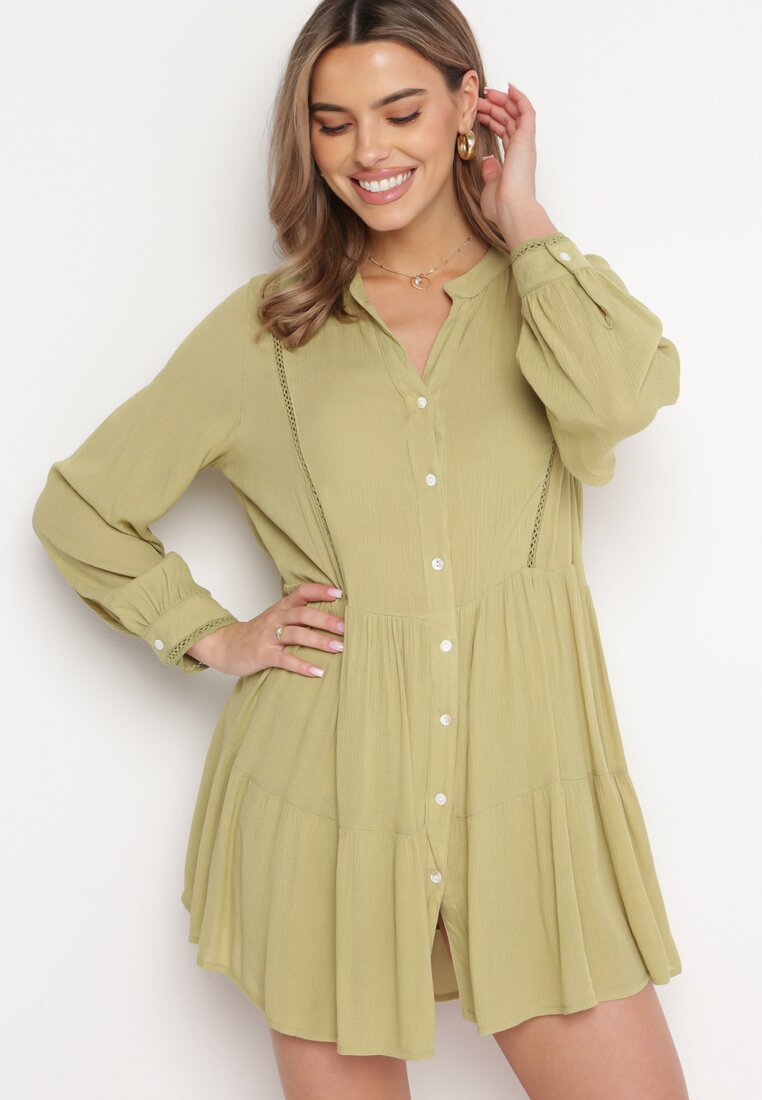 Rochie Cămașă Verde în Stil Boho cu Tiv Evazat Liorda