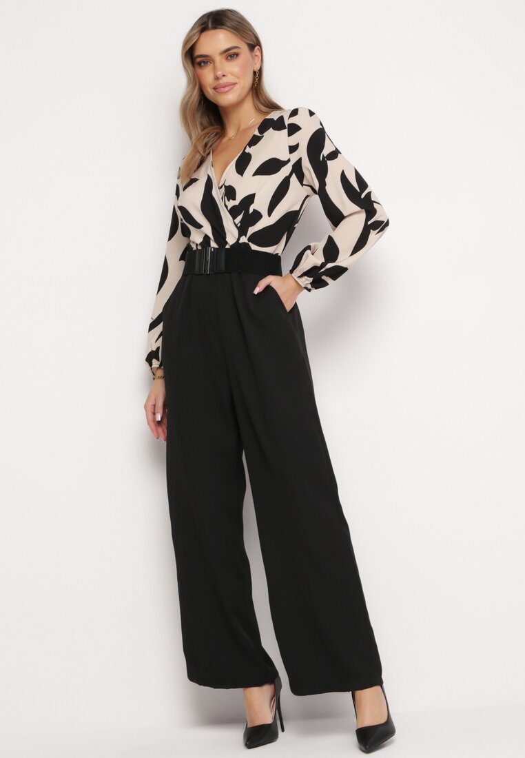 Salopetă Elegantă Bej-Negru cu Partea de Sus cu Model, cu Pantaloni Largi și Curea Grepia