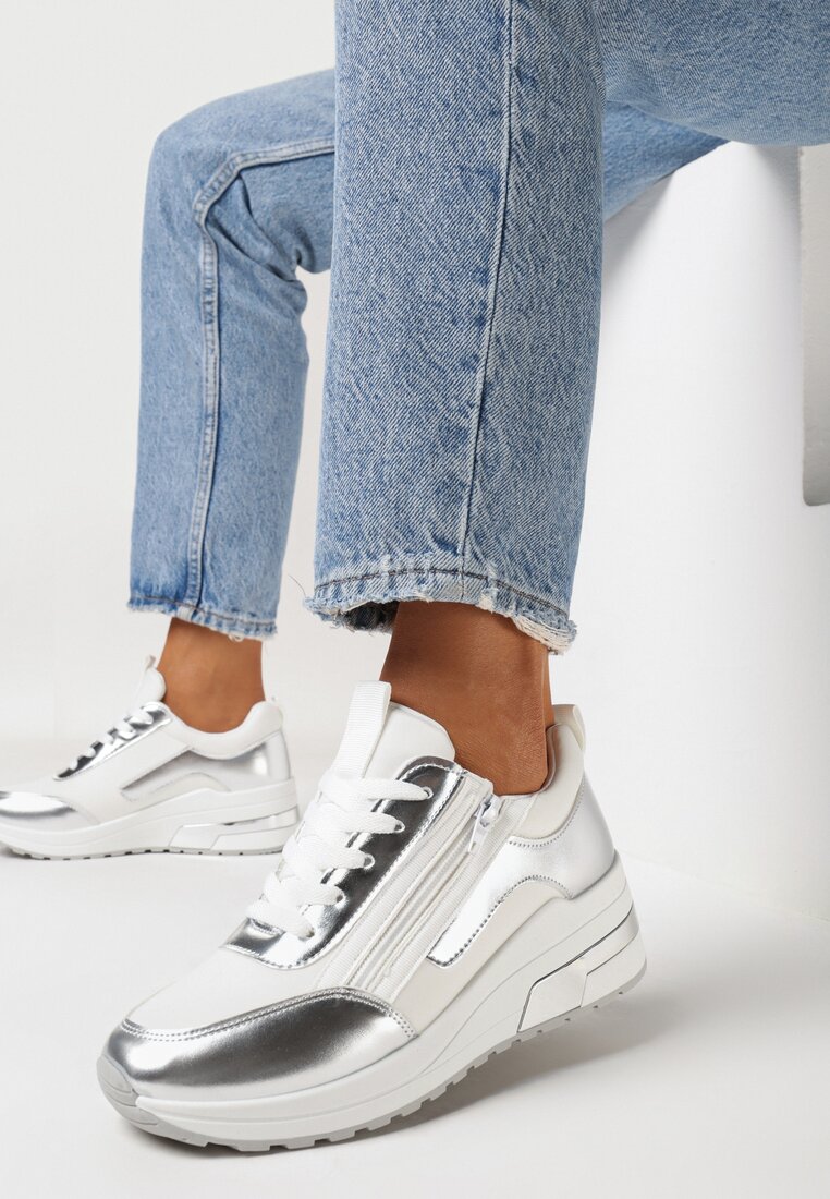 Adidași Alb-Argintiu cu șireturi cu talpă groasă cu inserții strălucitoare și fermoar Revilinsa