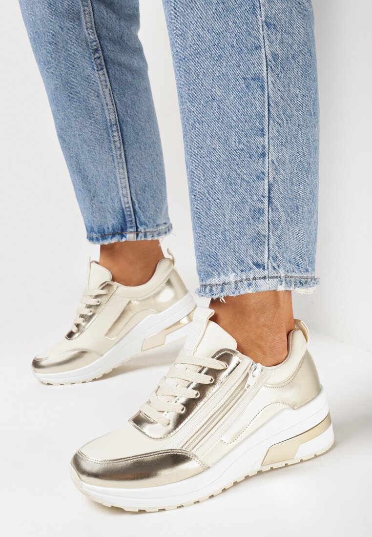 Sneakers Bej cu Șireturi cu Talpă Groasă cu Inserții Strălucitoare și Fermoar Revilinsa