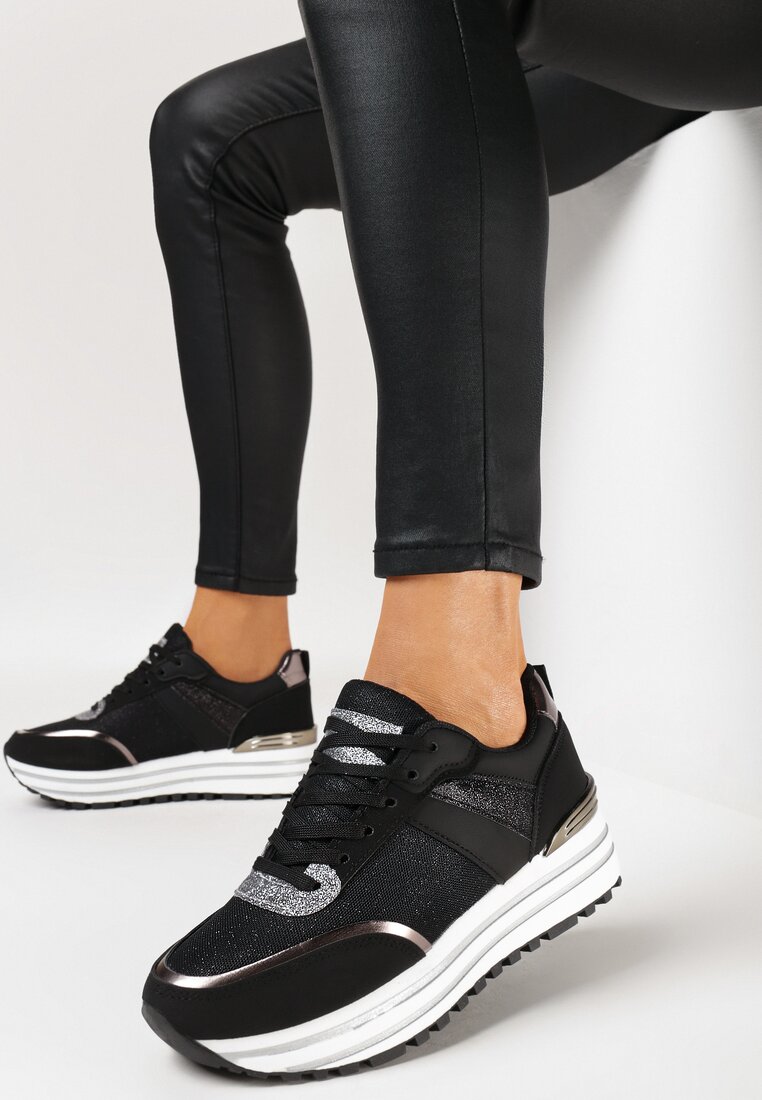 Adidași Negri cu Talpă Groasă Decorativă cu Sclipici Tarseli