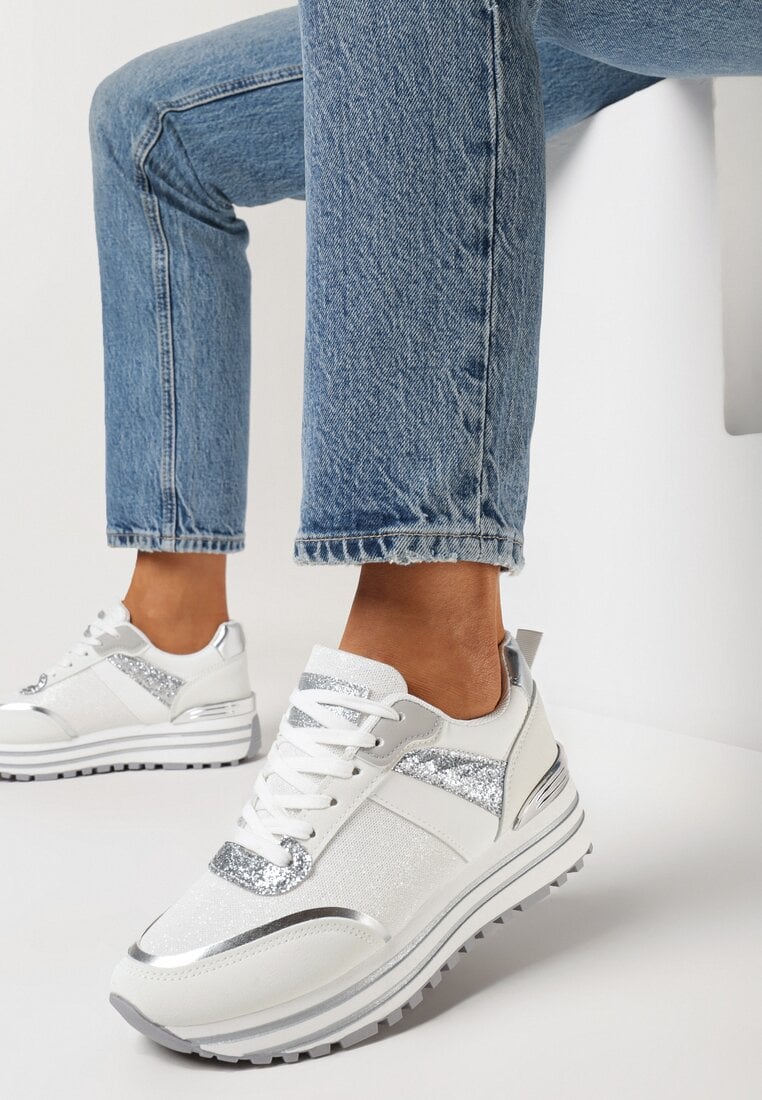 Adidași Alb-Argintii pe Talpă Groasă Decorativă cu Sclipici Tarseli