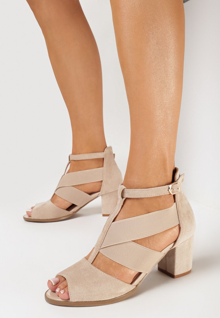Sandale Bej cu Toc cu Brant din Piele și Decupaje Ealiserti