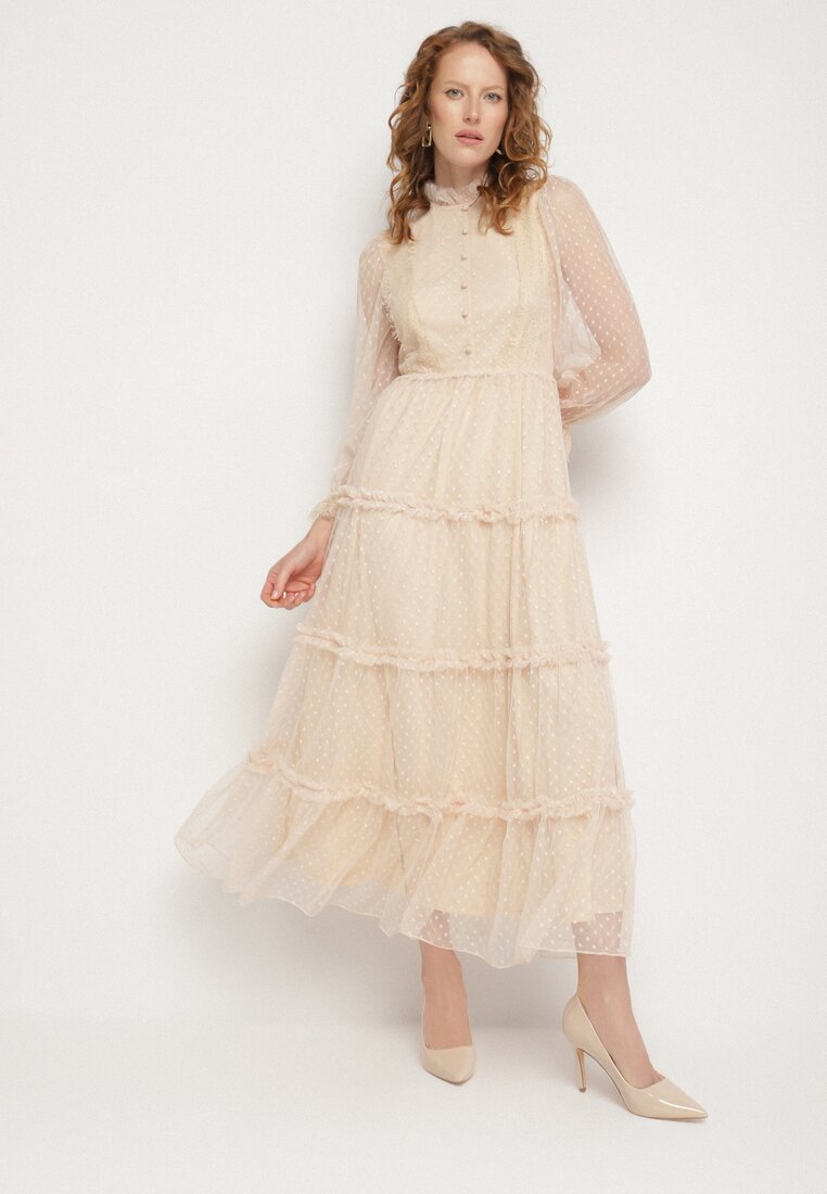 Rochie evazată bej maxi din tul mai transparent decorată cu dantelă Lanessa