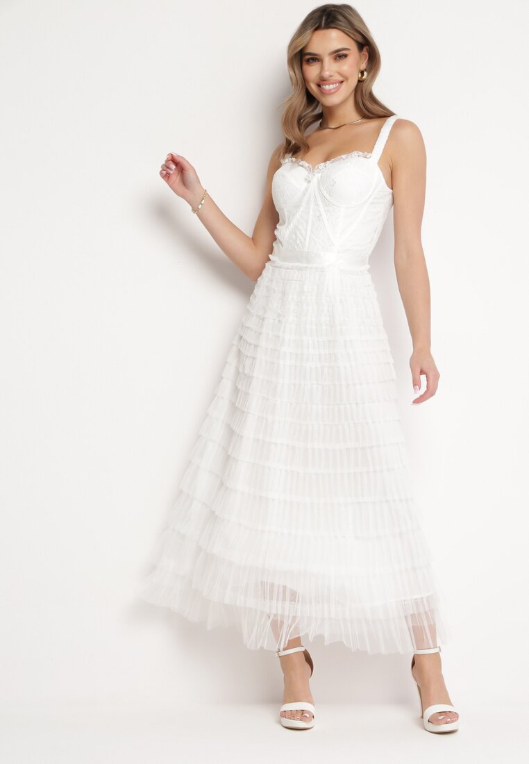 Rochie Albă Maxi cu bretele cu corset și volane din tul Encartia