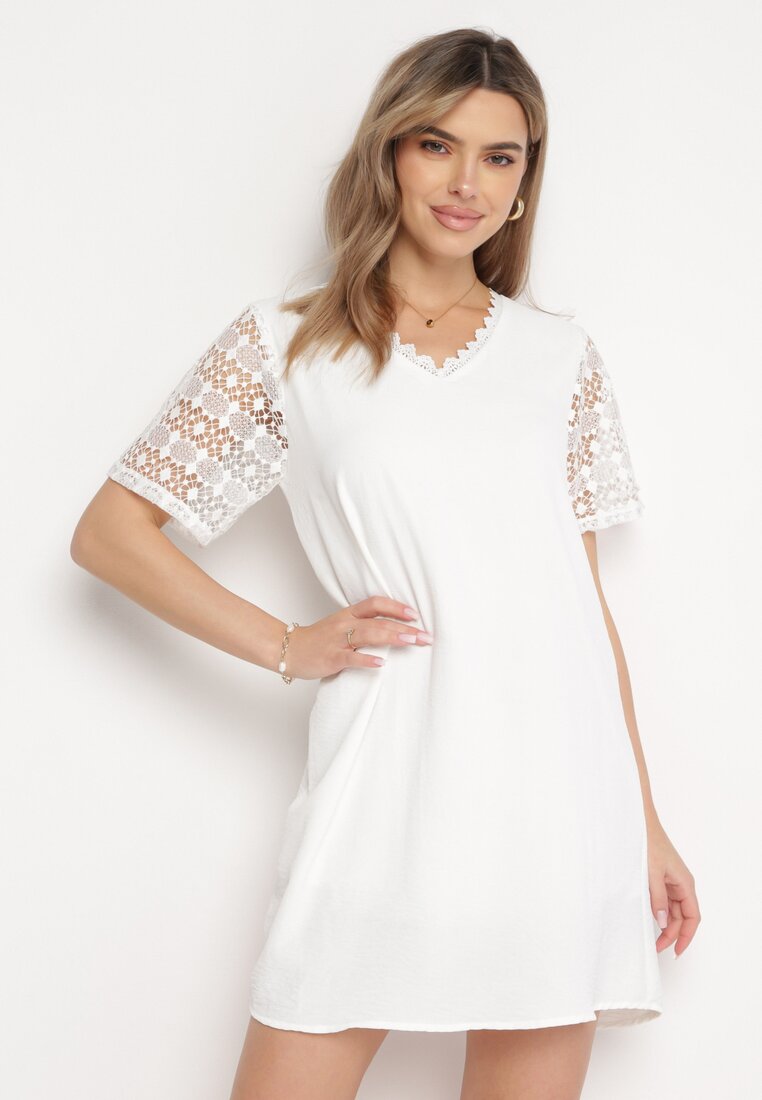 Rochie Albă Mini cu Croială Lejeră cu Inserții din Dantelă Jolenia