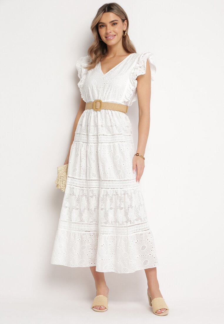 Rochie Albă Din Dantelă Maxi cu Croială Evazată cu Volane Wilea