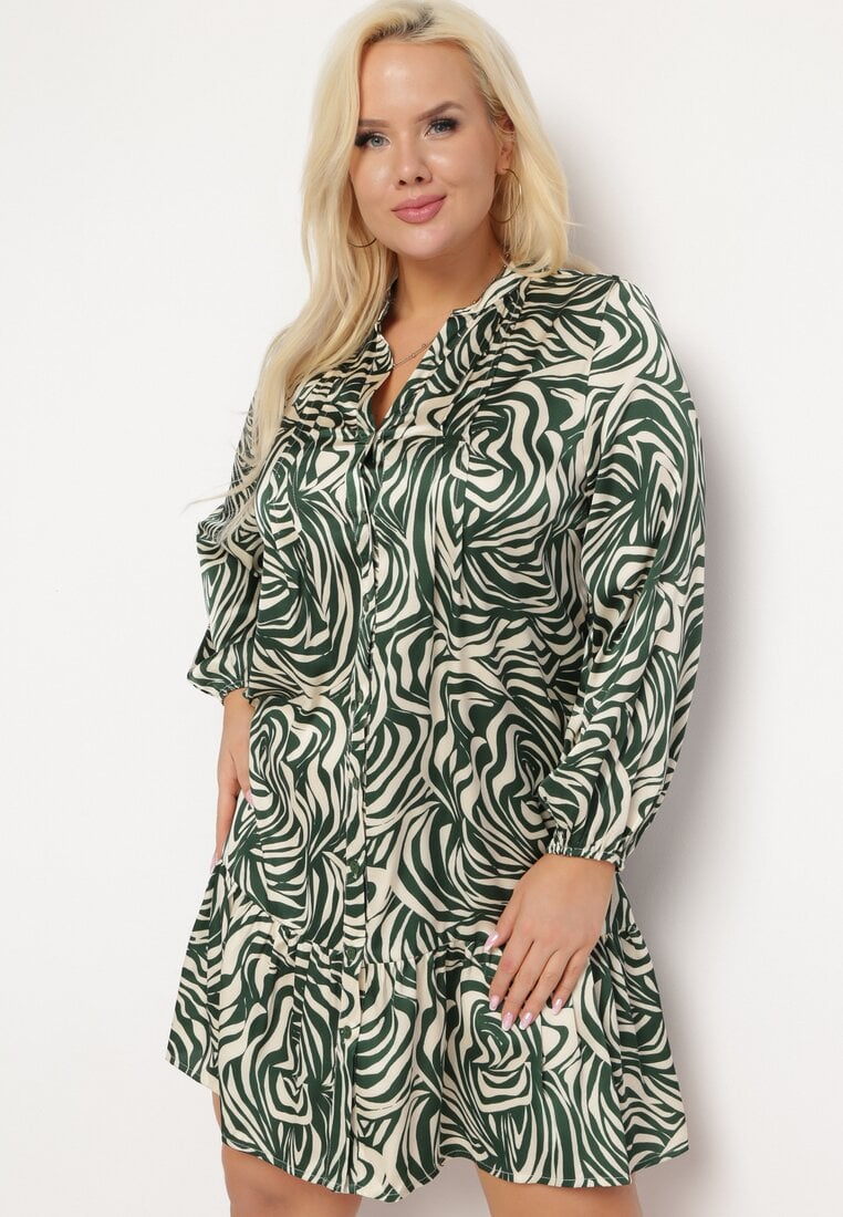 Rochie Verde-bej Mini cu volane și model abstract Ovina