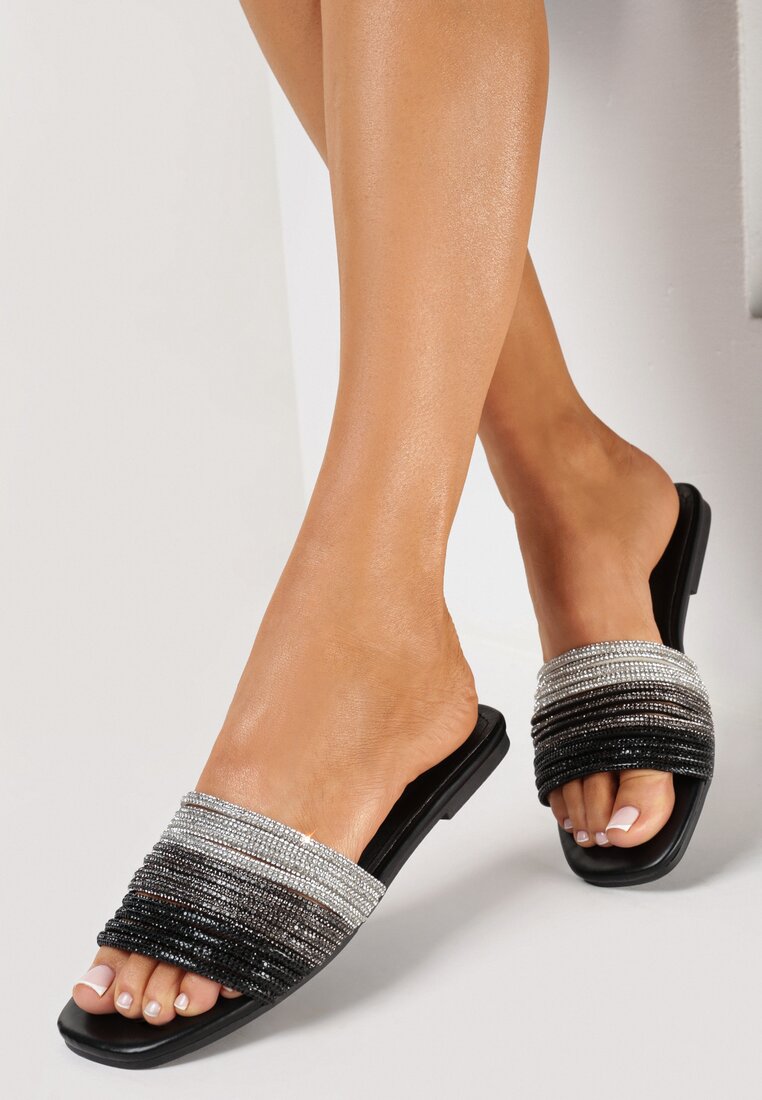 Papuci Negri cu toc plat cu zirconii decorative Xerfaria