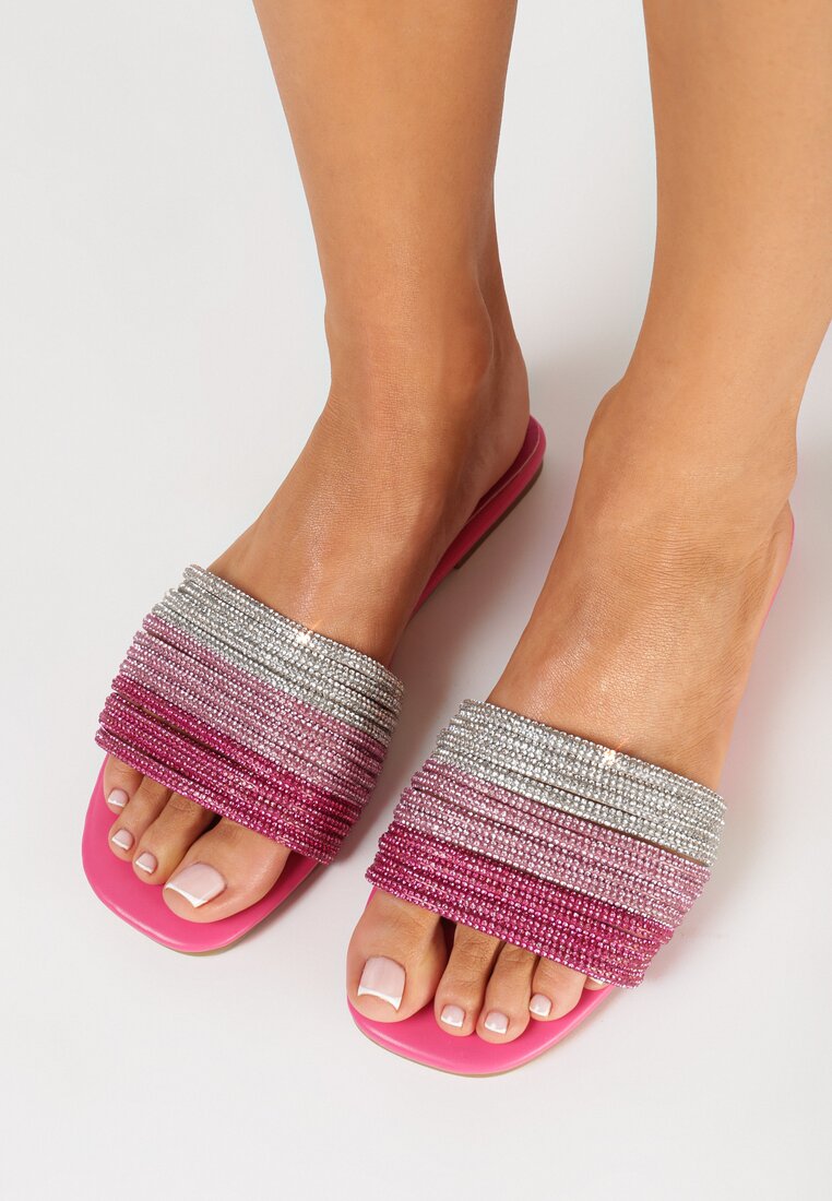 Papuci Roz cu Toc Plat cu Zirconii Decorative Xerfaria