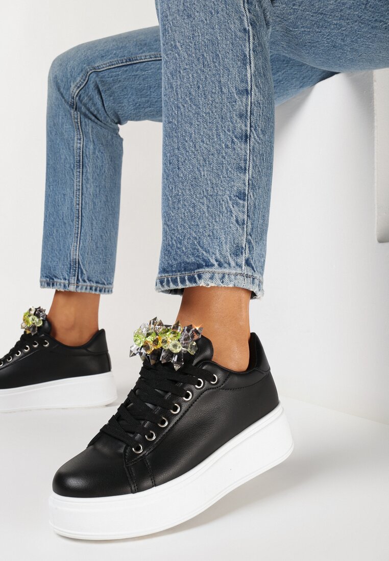 Adidași Negri cu Talpă Groasă cu Cristale Colorate Tumida