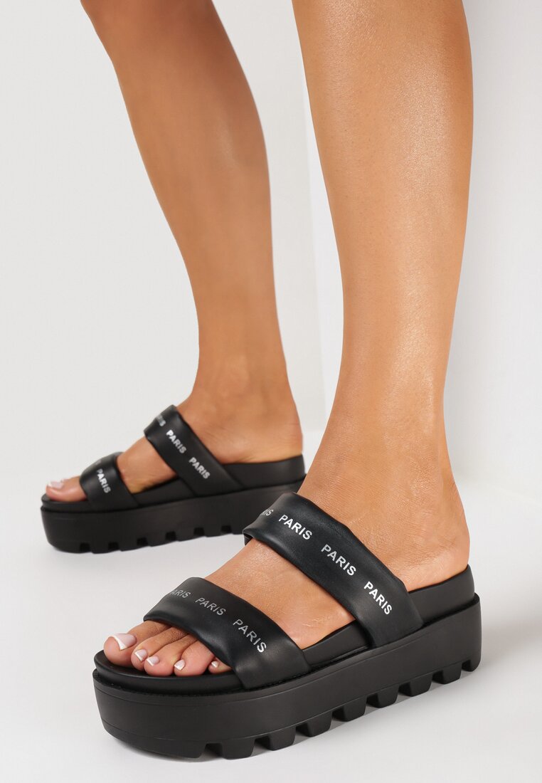 Papuci Negri pe Talpă Groasă cu Barete cu Inscriptii Nilenia