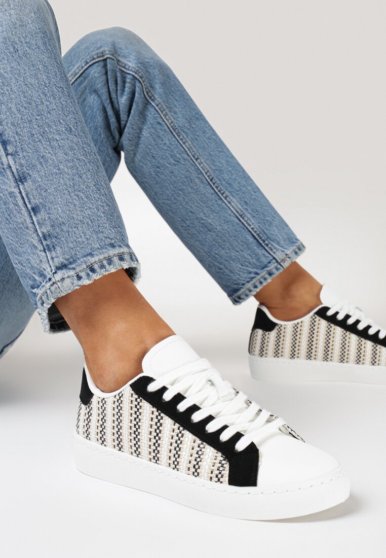 Adidași Alb-Negru din Piele ecologică cu Șireturi și Inserție în carouri Fibrusa