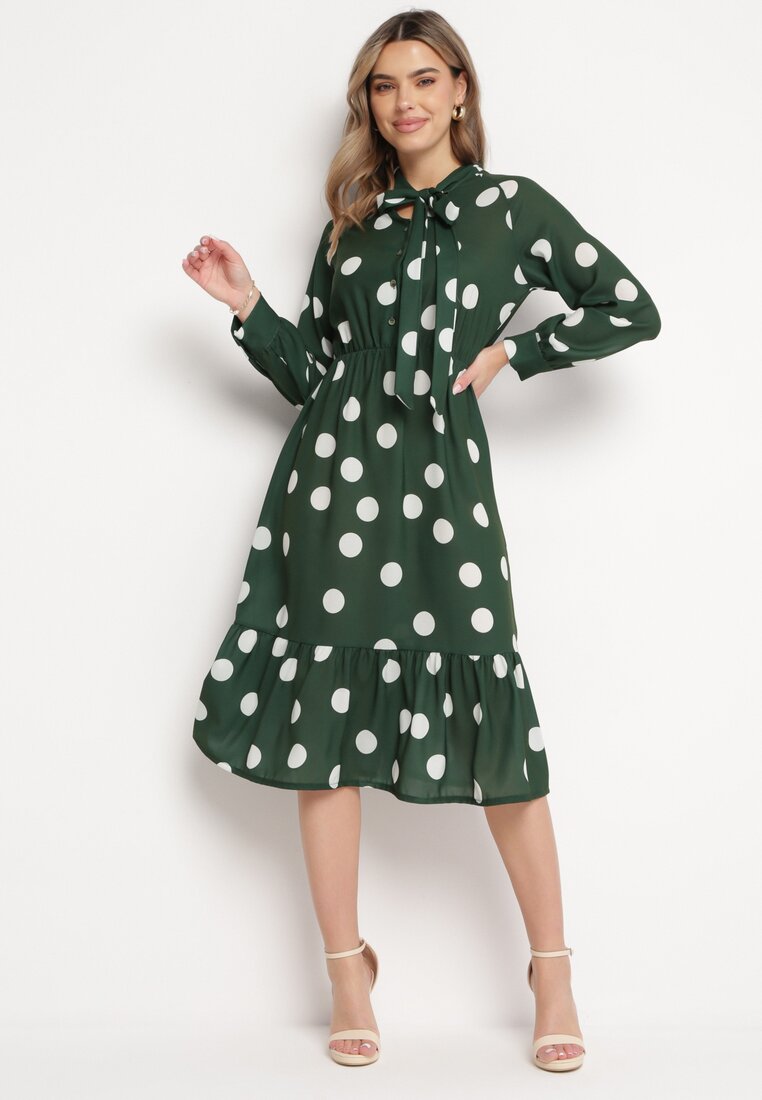 Rochie Cloș Midi Verde închis cu legătură la decolteu cu buline Velvina