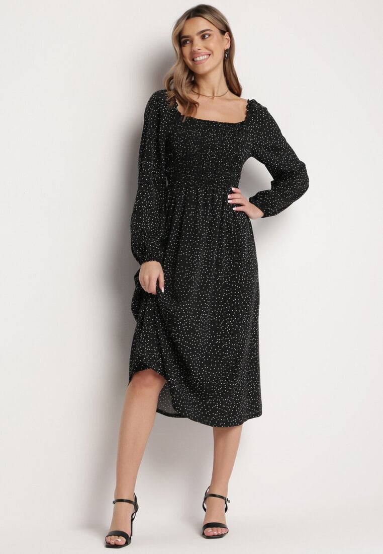 Rochie Neagră Midi Evazată cu Decolteu Spaniol cu buline Wirina