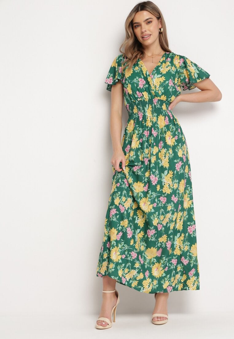Rochie Maxi Verde-Galbenă din viscoză, cu croială evazată și decolteu petrecut, florală Arvelia.