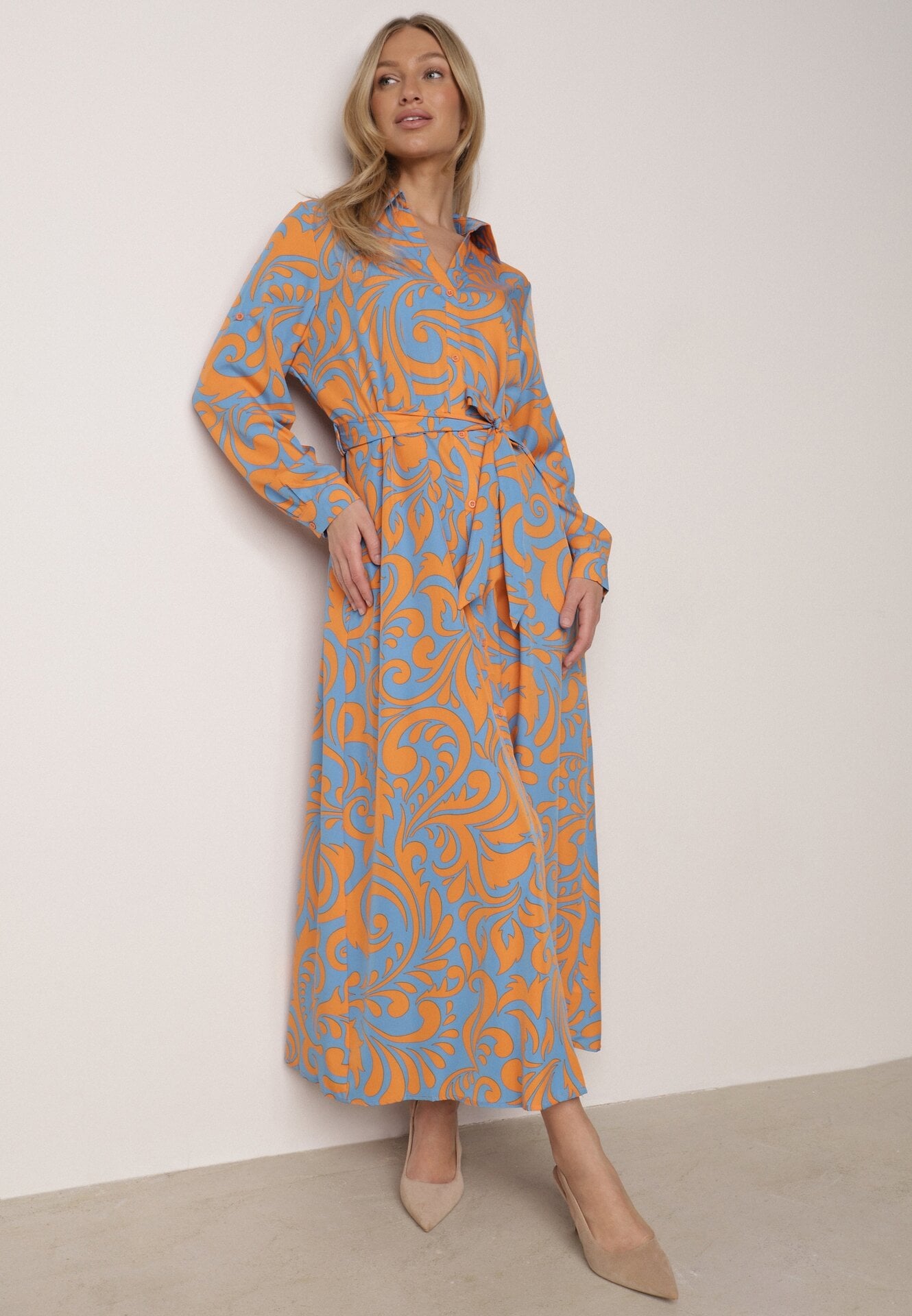 Rochie Maxi tip cămașă Albastru-Portocaliu cu centură din material textil cu modele abstracte Terins