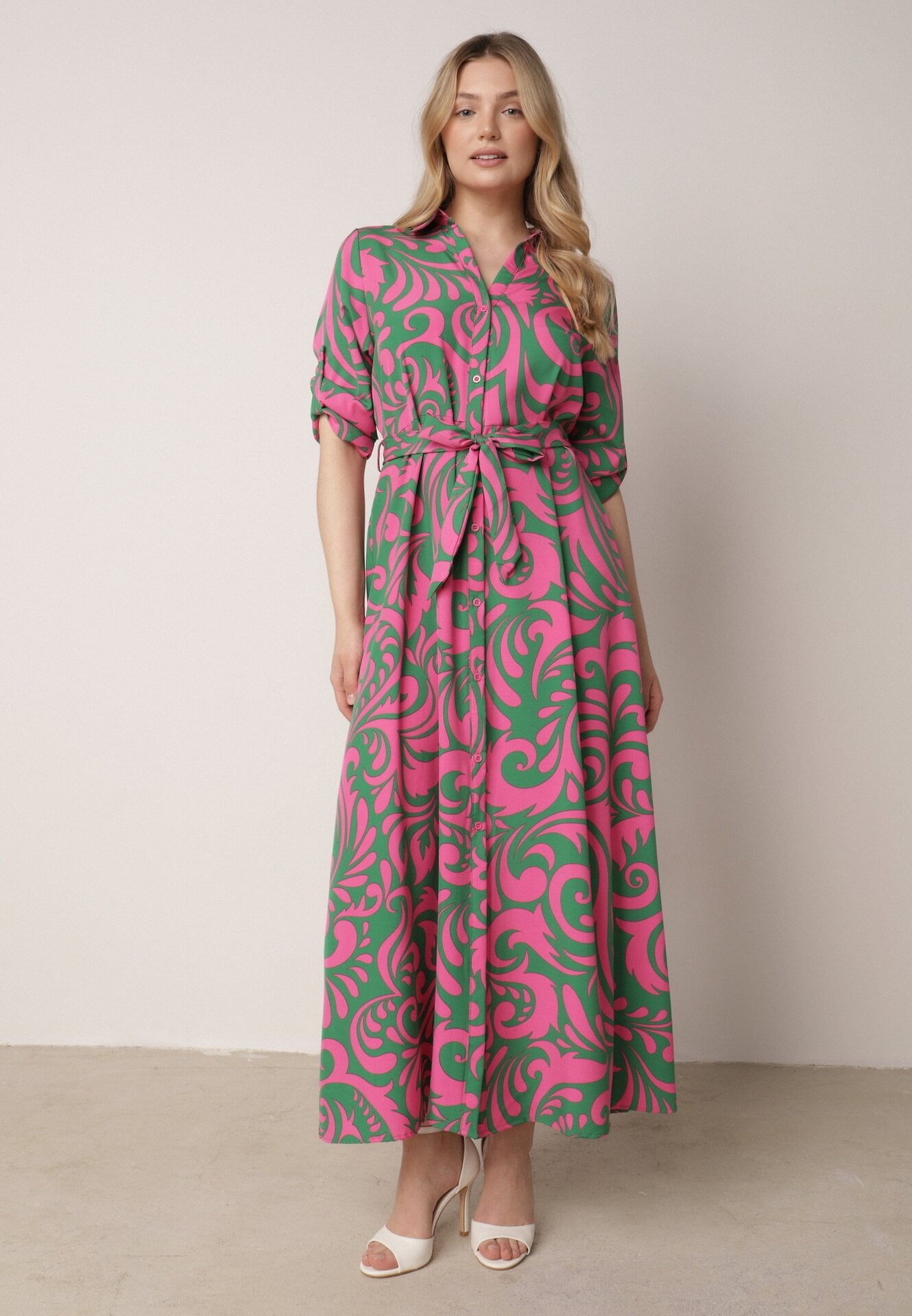 Rochie cămașă Maxi Verde-Roz cu curea din material cu imprimeuri abstracte Terins