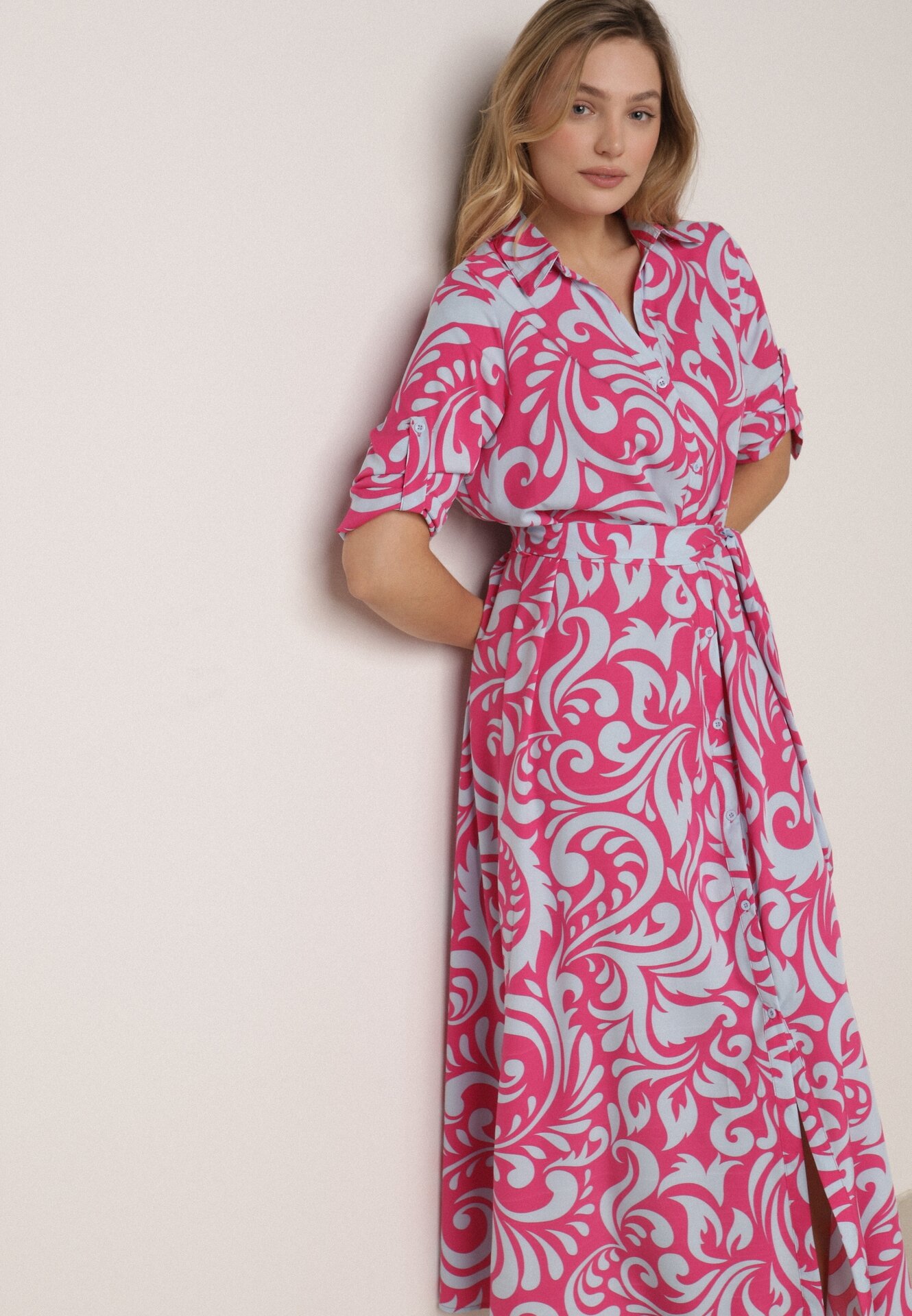 Rochie tip cămașă Fucsia-Albastră Maxi cu cordon din material cu modele abstracte Terins