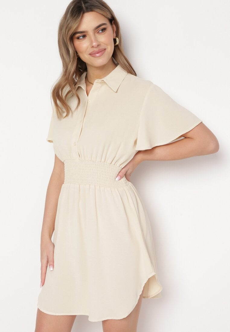 Rochie tip cămașă mini bej din viscoză cu croi cloș Hokese