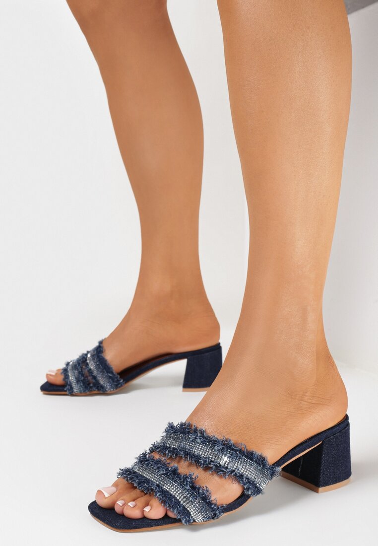 Papuci Albastru Marin de denim cu toc bloc cu zirconii franjurați decorativ Egerte