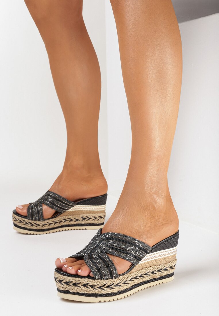 Papuci Negre pe Pană și Platformă din Împletitură de Iută cu Zirconii Marmia