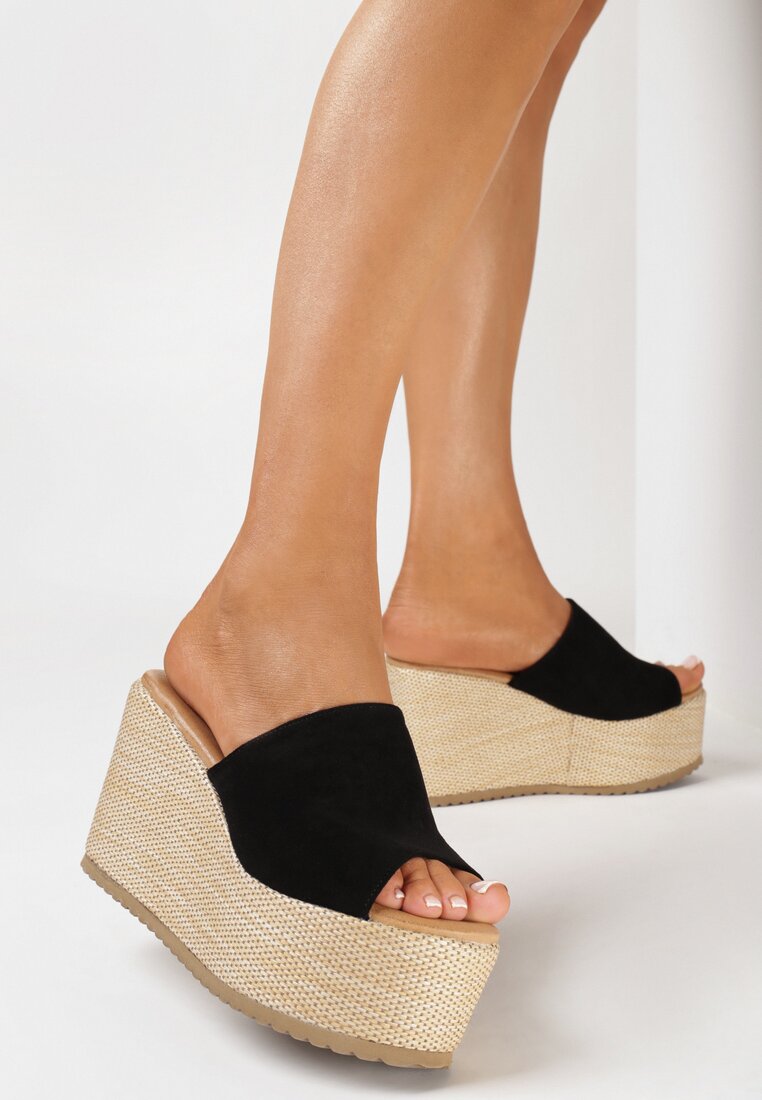 Papuci Negri cu Baretă Lată și Pană Înaltă cu Platformă Lornea