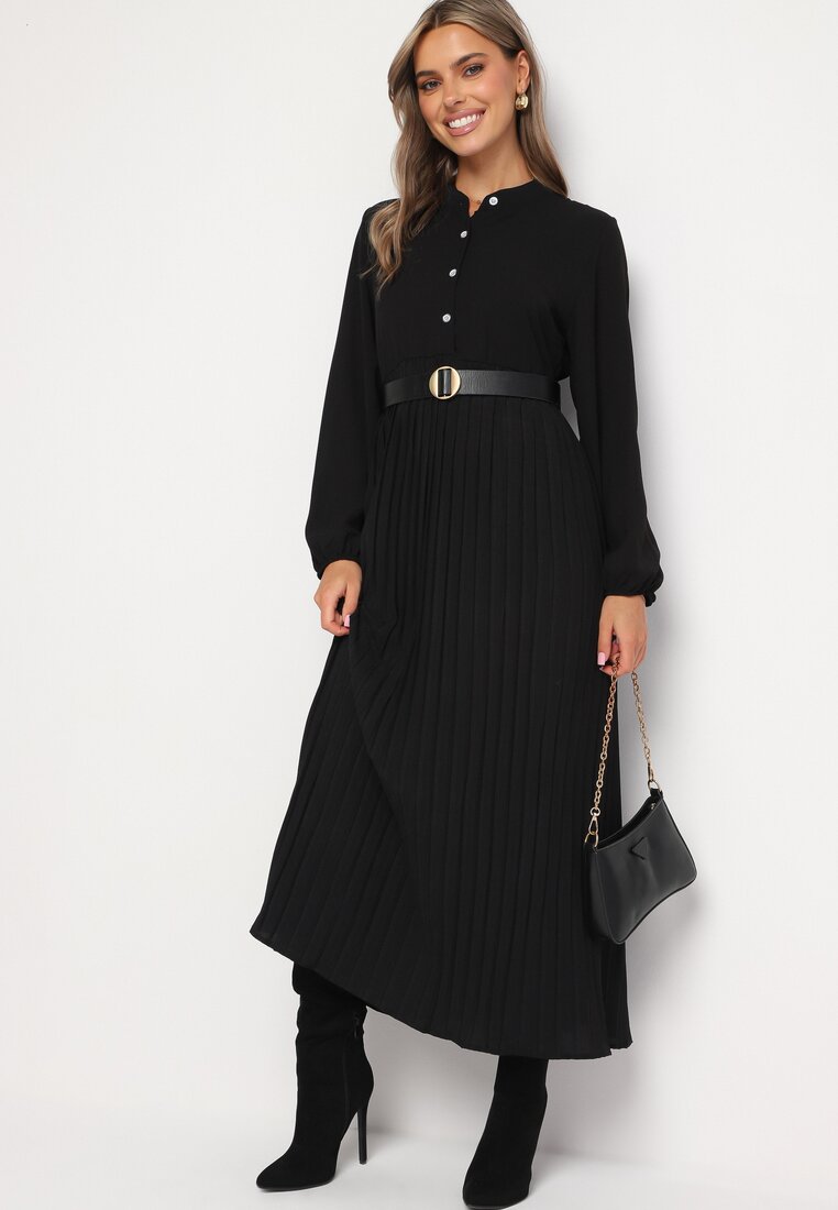 Rochie neagră evazată maxi cu poale pliate și cordon de legat Nollira