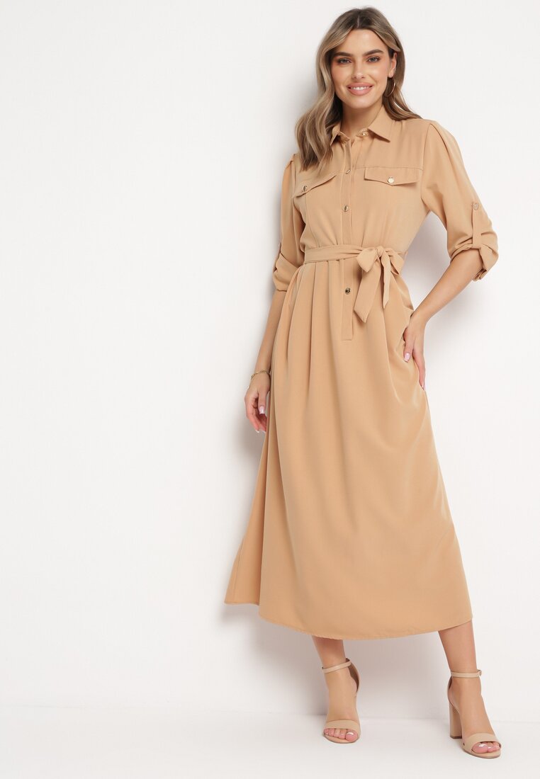 Rochie Cloș Maxi Bej cu bluză tip cămașă și cordon Indiga