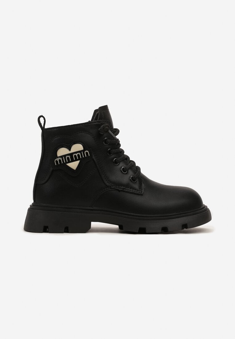 Botine Negre peste gleznă cu Inimioară Decorativă și Șireturi Elstase