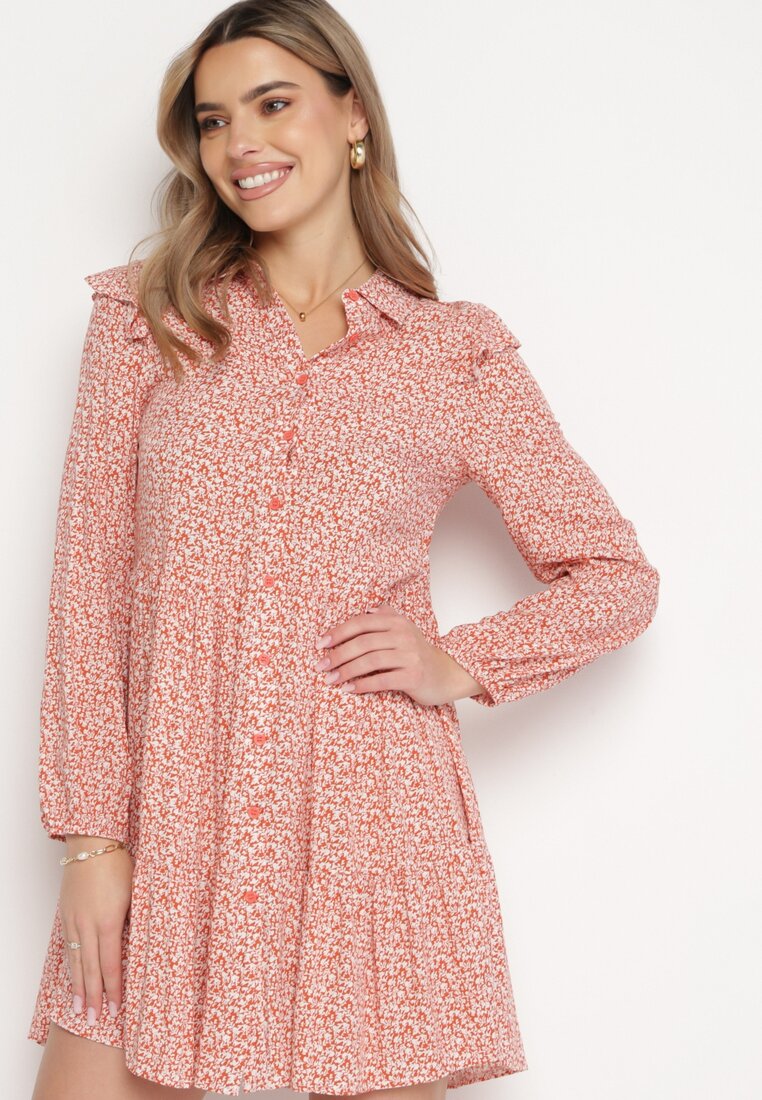 Rochie Evazată Mini Roz Florală Cu Volane Pe Umeri Lorean