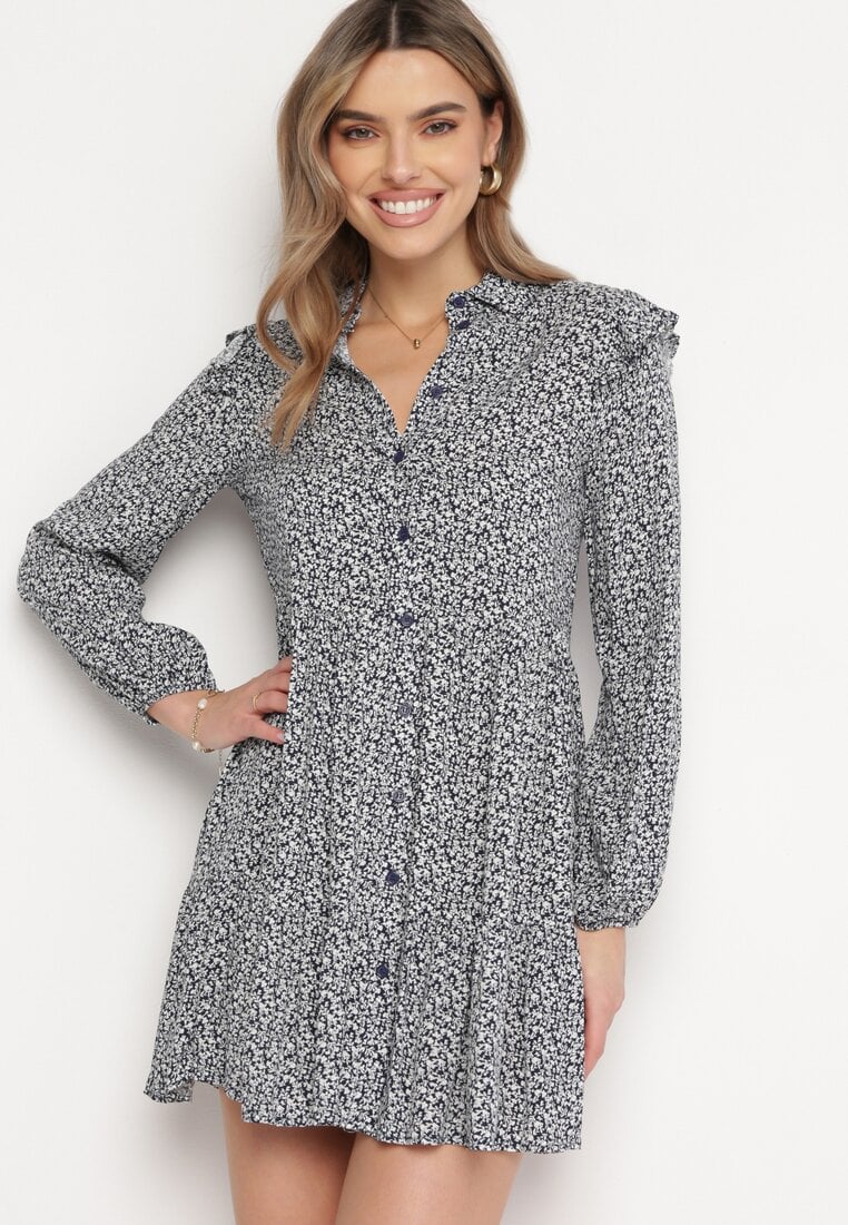 Rochie Mini Albastru Marin Evazată Florală cu Volane pe Umeri Lorean