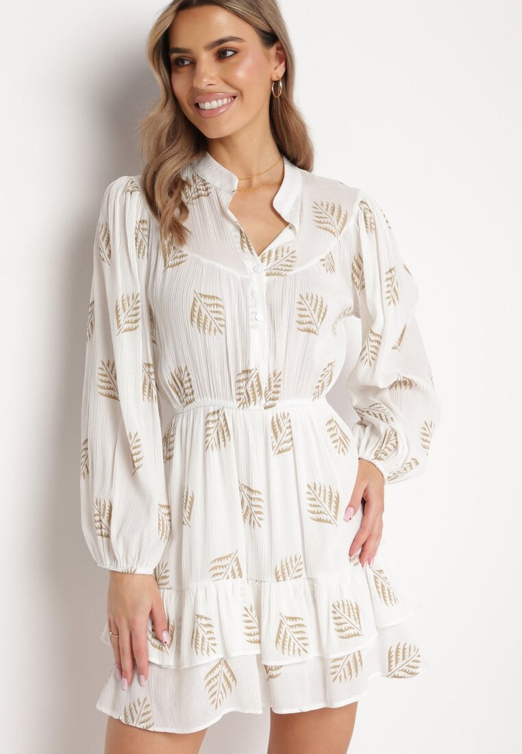 Rochie Albă Cloș Mini cu Volan cu Frunze Rianle