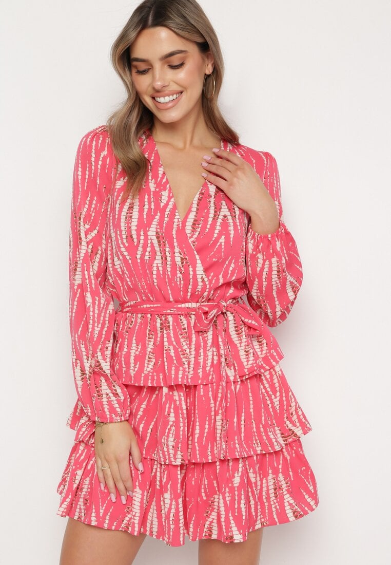 Rochie roz evazată mini petrecută cu curea și volane cu model abstract Aintersa